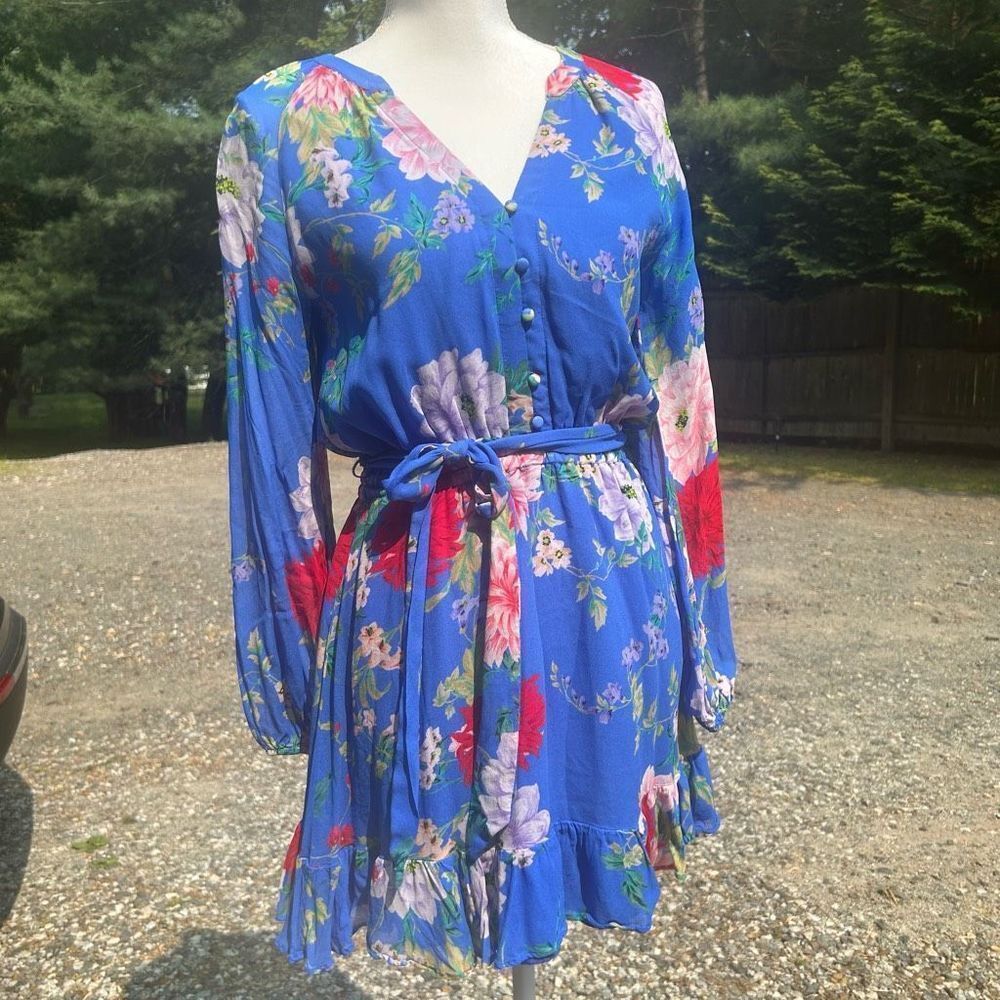Yumi Kim Sz 0 Blue with floral pattern, chiffon, long sleeve mini dress.